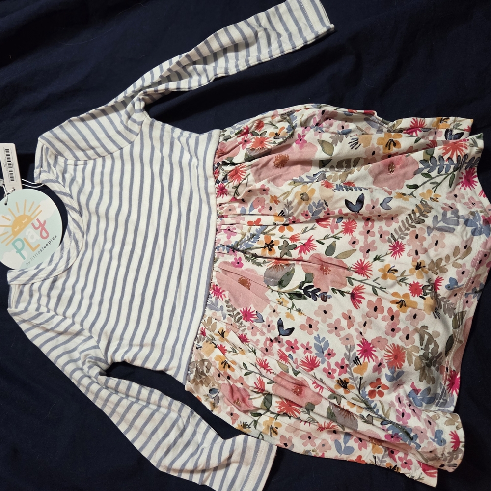Little Sleepies Blue Striped and Pink Floral Dress - Picture 3 of 5